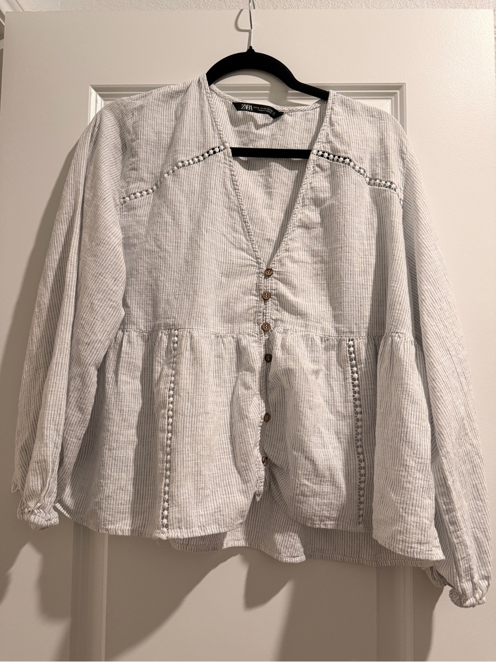 Zara Cream-Striped Button-Front Peplum Shirt